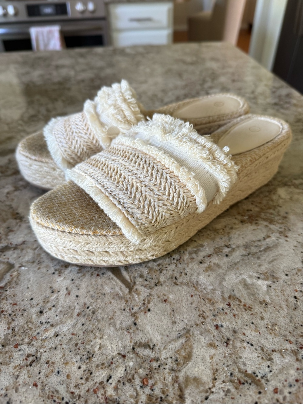 Woven Cream Platform Slide Sandals